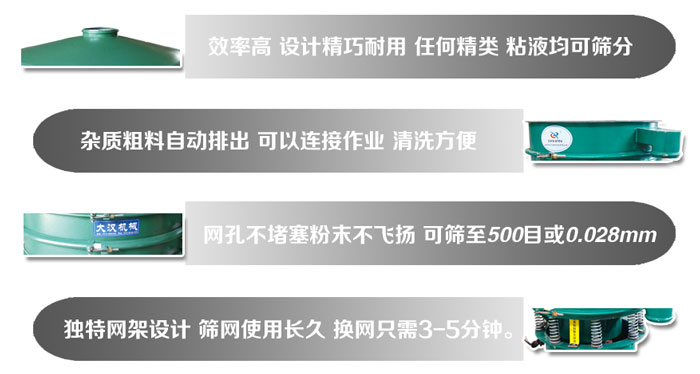 直徑1000mm振動篩的特點(diǎn)：效率高，設(shè)計(jì)精巧耐用，任何精類，粘液均可篩分，雜質(zhì)粗料自動排出，可以連接作業(yè)，清洗方便。網(wǎng)孔不堵塞粉末不飛揚(yáng)，可篩至500目或0。028mm篩網(wǎng)使用長久，換網(wǎng)只需3-5分鐘。