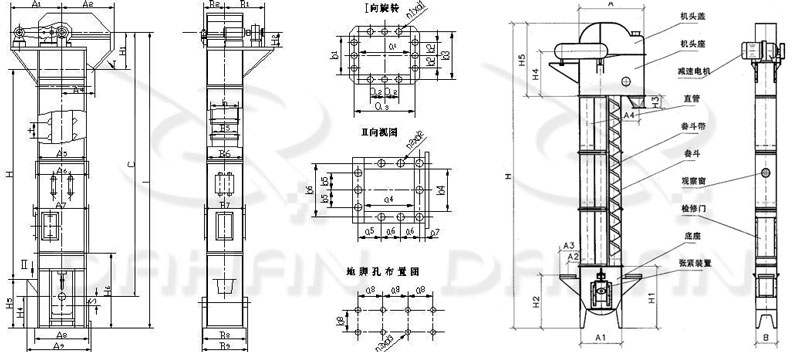TD/D型斗式提升機(jī)基本結(jié)構(gòu):機(jī)頭蓋，機(jī)頭座，減速電機(jī)，直管，底座，緊張裝置等。