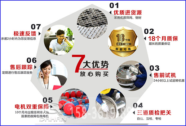 大漢食品振動(dòng)篩的7大優(yōu)勢(shì)：優(yōu)質(zhì)進(jìn)貨源，售后跟蹤，售前試機(jī)等。