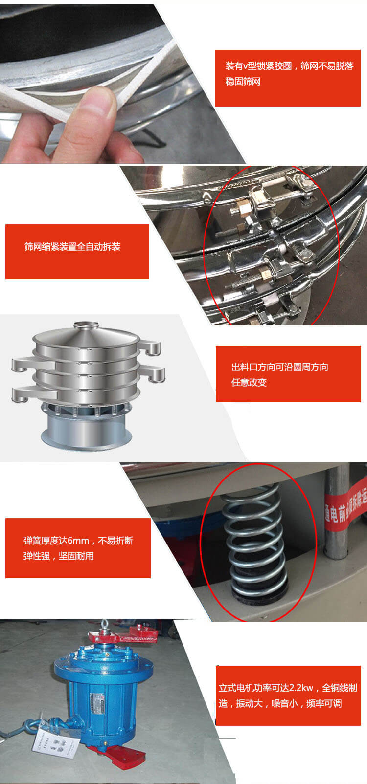 裝有V型鎖緊膠圈，使篩網(wǎng)不易脫落穩(wěn)固篩網(wǎng)，篩網(wǎng)鎖緊裝置，全自動(dòng)拆裝，出料口方向可沿圓周方向任意改變。彈簧厚度達(dá)6mm，不易折斷，彈性強(qiáng)，堅(jiān)固耐用。專業(yè)的振動(dòng)電機(jī)，全銅線制造，振動(dòng)大，機(jī)械噪音小，頻率可調(diào)。產(chǎn)品對(duì)比:材質(zhì)：大漢振動(dòng)篩廠家采用304不銹鋼材質(zhì)耐腐蝕性，耐熱性強(qiáng)。個(gè)別廠家采用其它金屬材質(zhì)，耐腐蝕性，耐熱性差蒸發(fā)緩慢，烘干效率較低。大漢振動(dòng)篩廠家采用金屬編織網(wǎng)，篩分精度高，效率高，篩網(wǎng)利用率高。