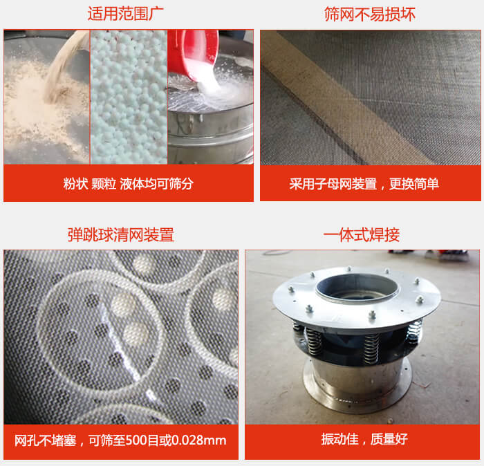 食品振動篩特點：1，效率高？：效率高，設計精巧耐用，任何粉類，粘液軍可篩分。2，操作簡單采用優(yōu)質材料，換網(wǎng)容易，操作簡單，清洗方便。3，網(wǎng)孔不堵塞粉末不飛揚，可篩至500目或0.028mm4，精細做工產品經過嚴格加工程序，做工精細美觀耐用。5，獨特網(wǎng)架設計篩網(wǎng)使用時間長久，換網(wǎng)只需3-5分鐘。