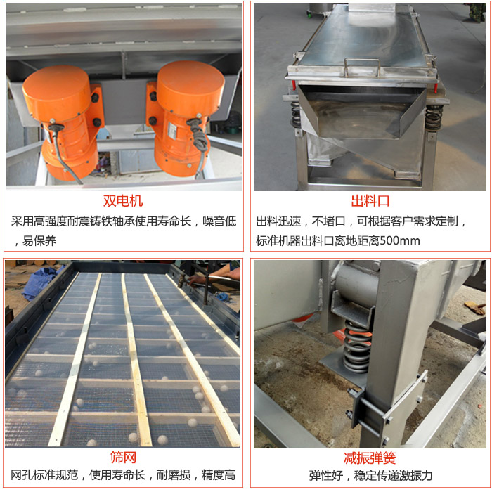 線振動篩配件優(yōu)勢：雙電機采用高強度耐震鑄鐵軸承使用壽命長，噪音低，易保養(yǎng)，出料口：出料迅速，不堵口，可根據(jù)客戶需求定制標準機器出料口離地距離500mm。篩網(wǎng)：網(wǎng)孔標準規(guī)范，使用壽命長，耐磨損，精度高。減震彈簧彈性好，穩(wěn)定傳遞激振力。