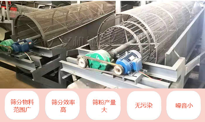 滾筒篩分機主要特點：篩分物料范圍廣，篩分效率高，篩分產(chǎn)量大，無污染，噪音小。