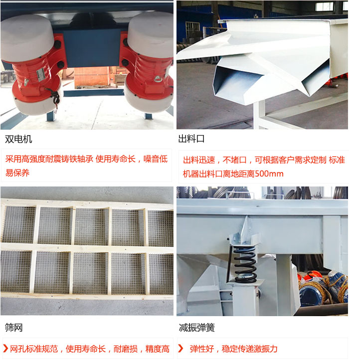 直線振動篩優(yōu)勢：雙電機：采用高強度耐震鑄鐵軸承 使用壽命長，噪音低，易保養(yǎng) 出料口：出料迅速，不堵口，可根據(jù)客戶需求定制 標準機器出料口離地距離500mm 篩網：網孔標準規(guī)范，使用壽命長，耐磨損，精度高 減振彈簧：彈性好，穩(wěn)定傳遞激振力