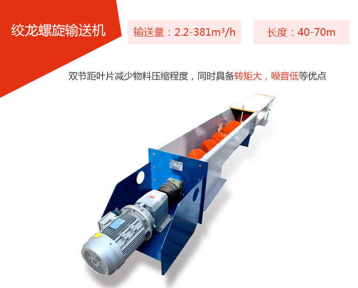 絞龍螺旋輸送機輸送量：2.2-381m3/h 長度：40-70m 雙節(jié)距葉片減少物料壓縮程度，同時具備轉(zhuǎn)矩大，噪音低等優(yōu)點。