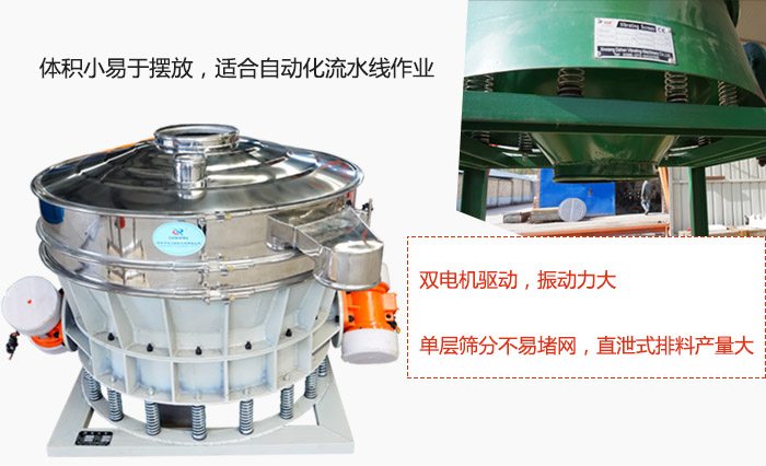 雙電機(jī)驅(qū)動(dòng)，振動(dòng)力大，單層篩分不易堵網(wǎng)，直泄式排料產(chǎn)量大