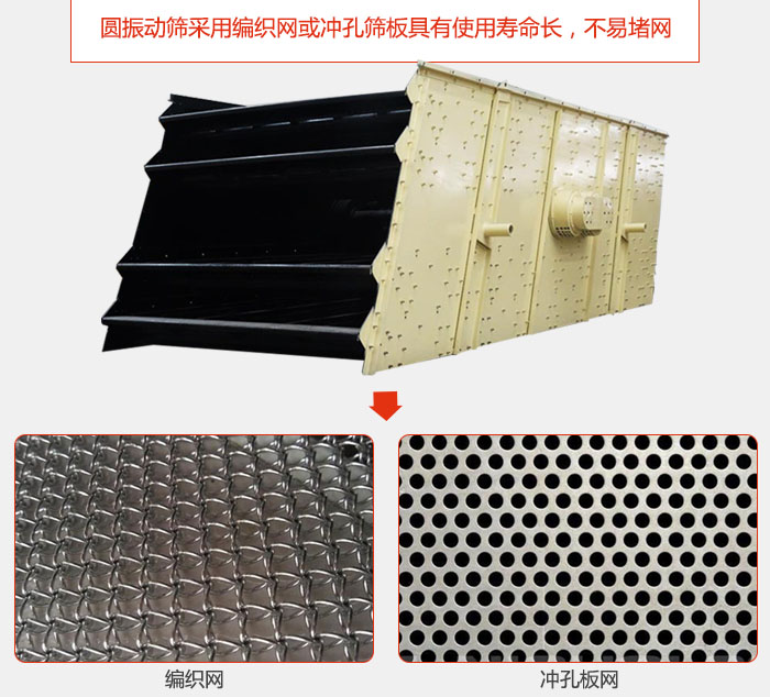 圓振動篩采用編織網或沖孔篩板具有使用壽命長，不易堵網。