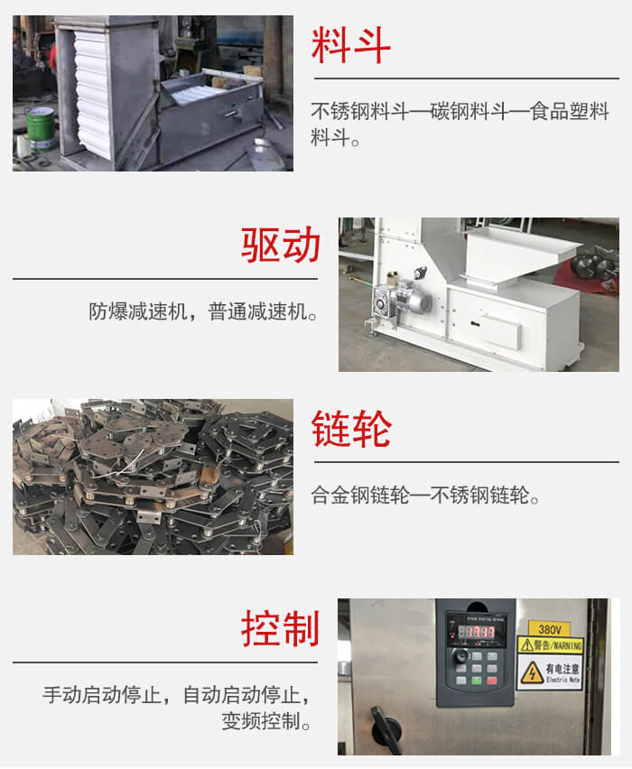 z型斗式提升機(jī)料斗：不銹鋼料斗-碳鋼料斗-食品塑料料斗。驅(qū)動(dòng)裝置采用的式防爆減速機(jī)，普通減速機(jī)兩種。鏈輪采用合金鏈輪-不銹鋼鏈輪控制器：手動(dòng)啟動(dòng)/停止，以及自動(dòng)啟動(dòng)停止。