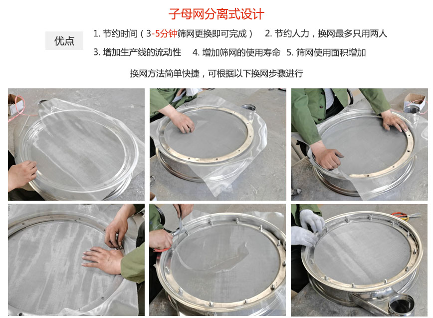 大漢振動(dòng)機(jī)械換網(wǎng)優(yōu)勢(shì)：1，節(jié)省時(shí)間（3-5分鐘篩網(wǎng)更換即可完成）2，節(jié)省人力，換網(wǎng)只有兩人。3.增加生產(chǎn)線的流暢性。4.增加篩網(wǎng)壽命，彈跳球不直接撞擊子網(wǎng)。5.篩網(wǎng)使用面積增加。
