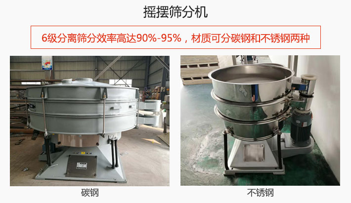 搖擺篩分機(jī)6級(jí)分離篩分效率高達(dá)90%-95%，材質(zhì)可分碳鋼和不銹鋼兩種。