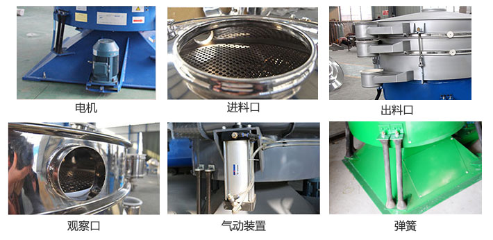 搖擺篩分機(jī)由進(jìn)料口，出料口，觀察口，電機(jī)，彈簧，氣動(dòng)裝置等部件組成