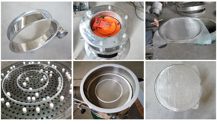 不銹鋼小型振動篩細(xì)節(jié)：振動篩篩框，振動電機座，篩網(wǎng)，彈跳球，密封圈，篩網(wǎng)網(wǎng)架。