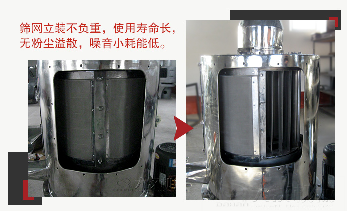 氣流篩采用立式篩網(wǎng)，不受物料的沖擊力的影響，篩網(wǎng)使用壽命長(zhǎng)