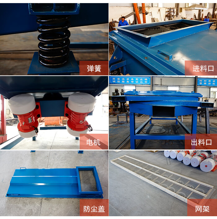 1035直線振動篩細(xì)節(jié)展示：出料口，振動彈簧，振動電機(jī)，進(jìn)料口。