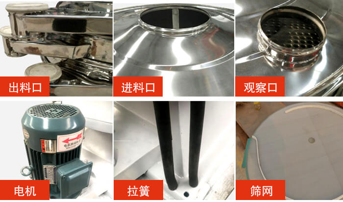搖擺篩細(xì)節(jié)展示：出料口，進(jìn)料口，觀察口，電機(jī)，拉簧，篩網(wǎng)等。