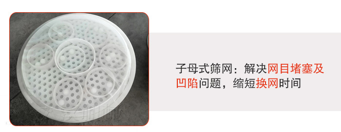 塑料防腐蝕振動(dòng)篩采用子母扣式網(wǎng)架可安裝彈跳球進(jìn)行清網(wǎng)，解決篩網(wǎng)堵塞問(wèn)題。