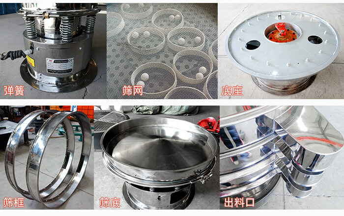 細(xì)節(jié)展示：篩框，篩網(wǎng)，振動(dòng)底座，振動(dòng)體，出料口。