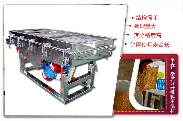 小麥清理振動篩結(jié)構(gòu)簡單，處理量大，篩分精度高，篩網(wǎng)使用壽命長。